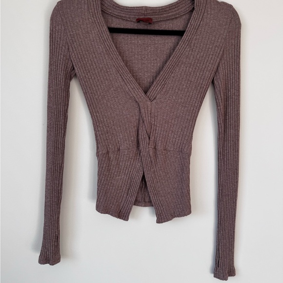 ALIX NYC Ribbed V-Neck Long Sleeve Top - Taupe - Picture 1 of 4